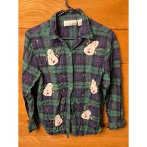 Casey & Max Womens Flannel Shirt M Plaid Christmas Snowman Holiday Winter‎ Party